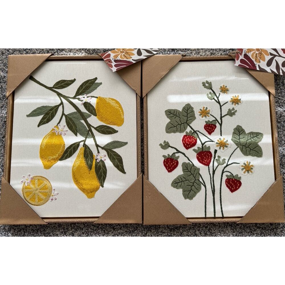 BP Home Embroidered Framed Wall Art Lot 2 Strawberry Lemon Botanical New